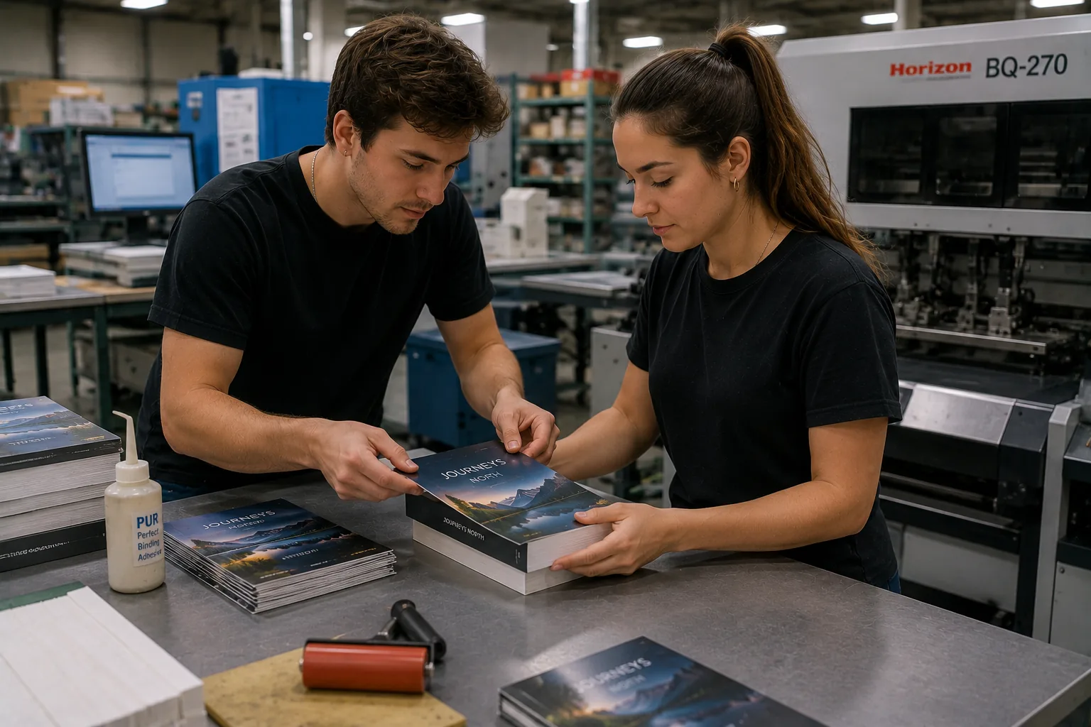 Books moving through the binding line at an Argo print facility