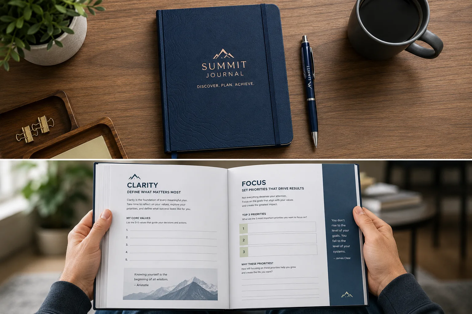 Custom-branded hardcover journal with matching pen, seen from above