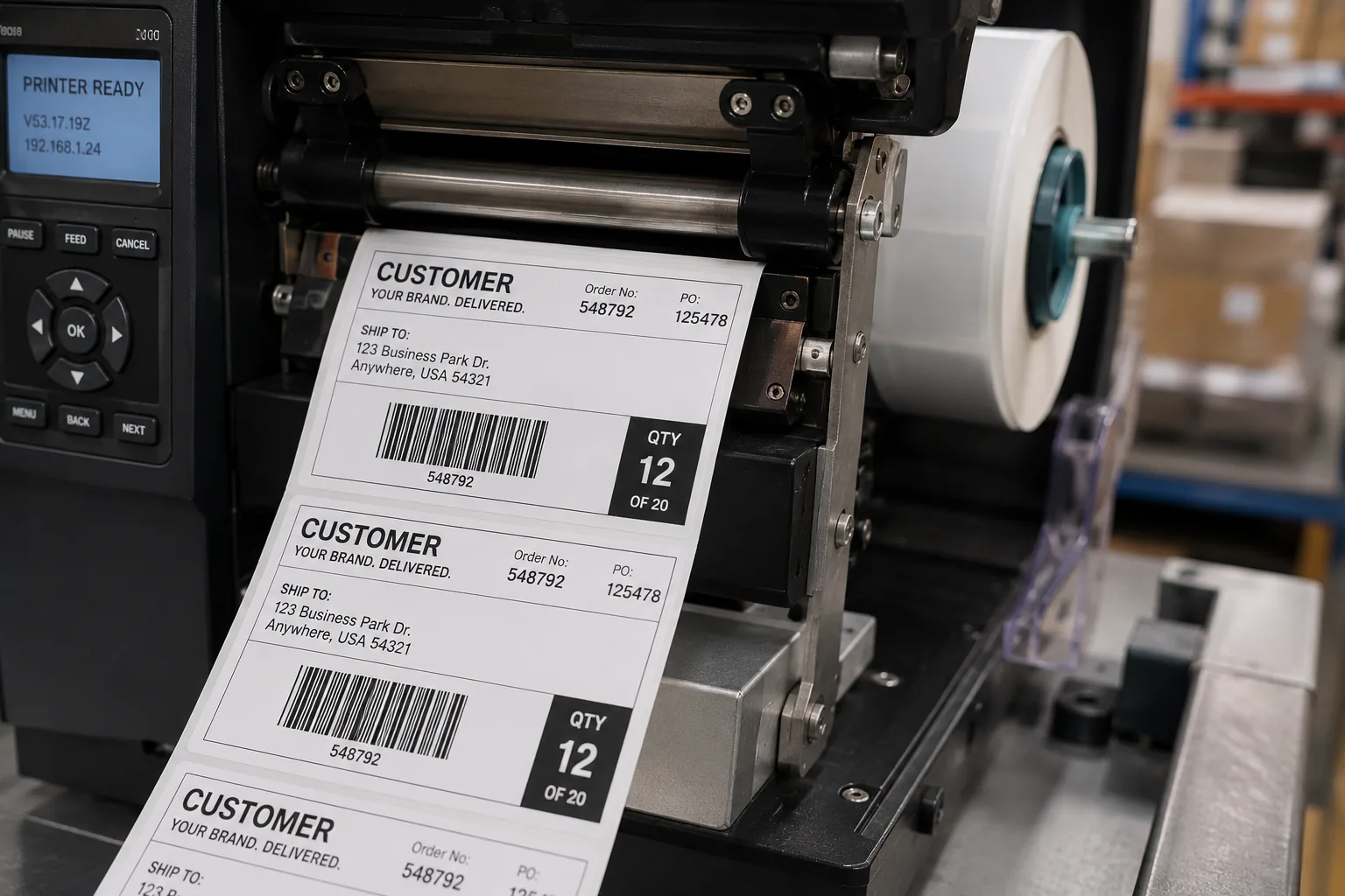 Printed labels with individually varying details coming off the line