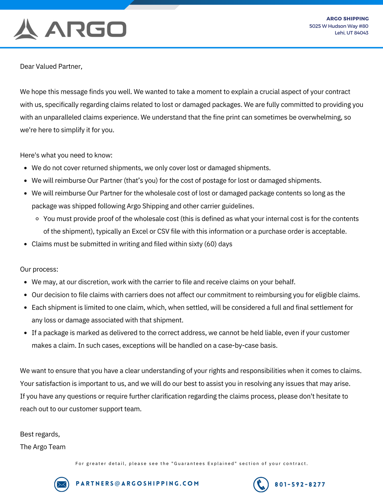 Argo Shipping claims policy letter to partners, September 2023. It explains that Argo covers lost or damaged shipments (not returns), reimburses postage and the documented wholesale cost of package contents, requires claims in writing within 60 days, limits each shipment to one claim, and handles packages marked as delivered on a case-by-case basis.