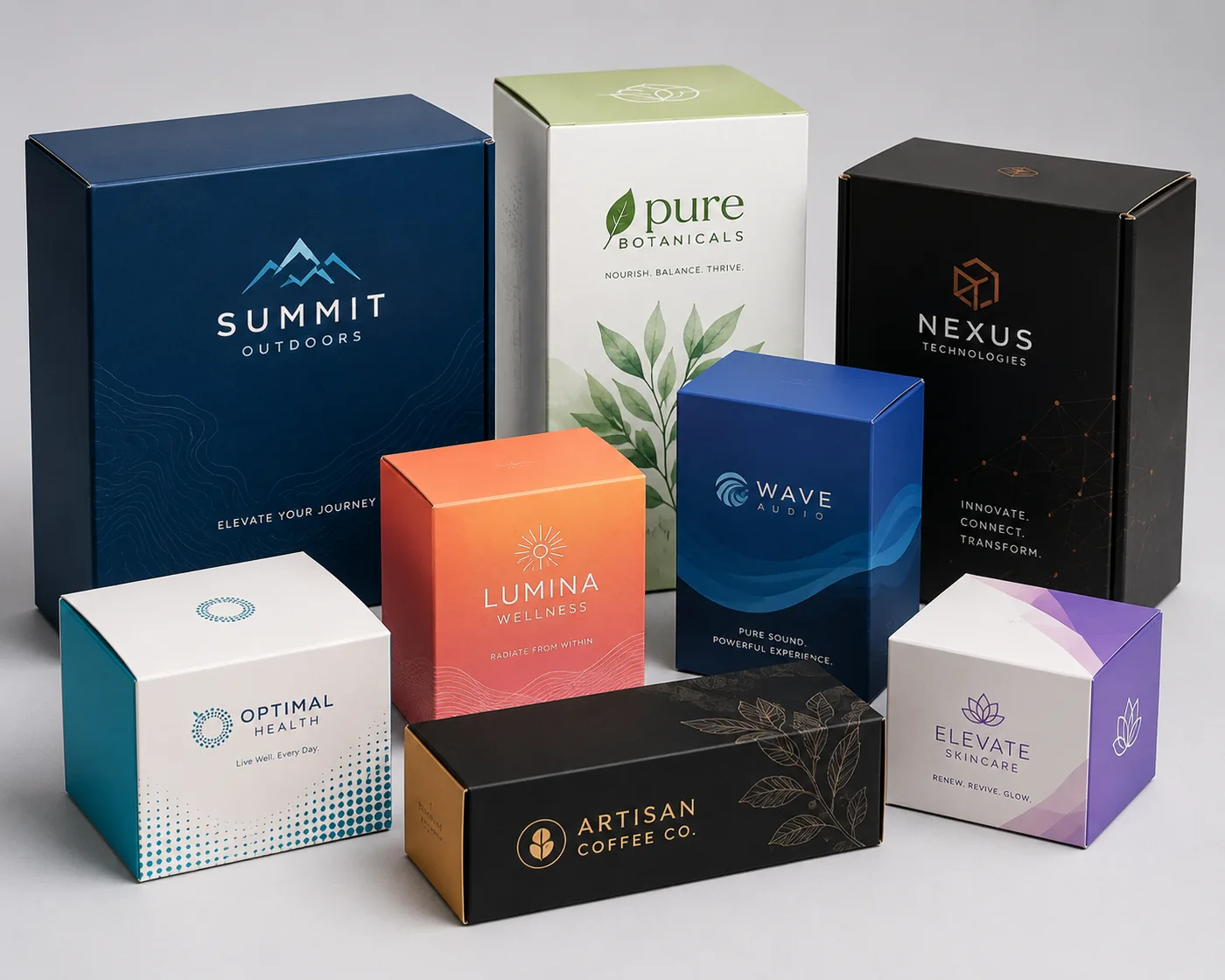 Range of custom-printed retail product boxes for different brands