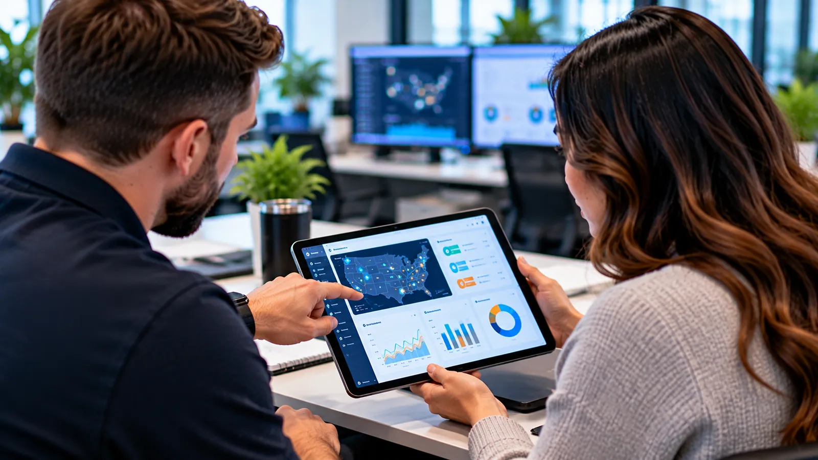 Two team members reviewing a shipping dashboard on a tablet