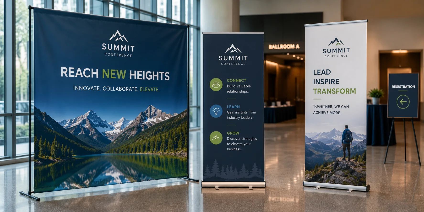 Large printed banners and retractable banner stands at an event