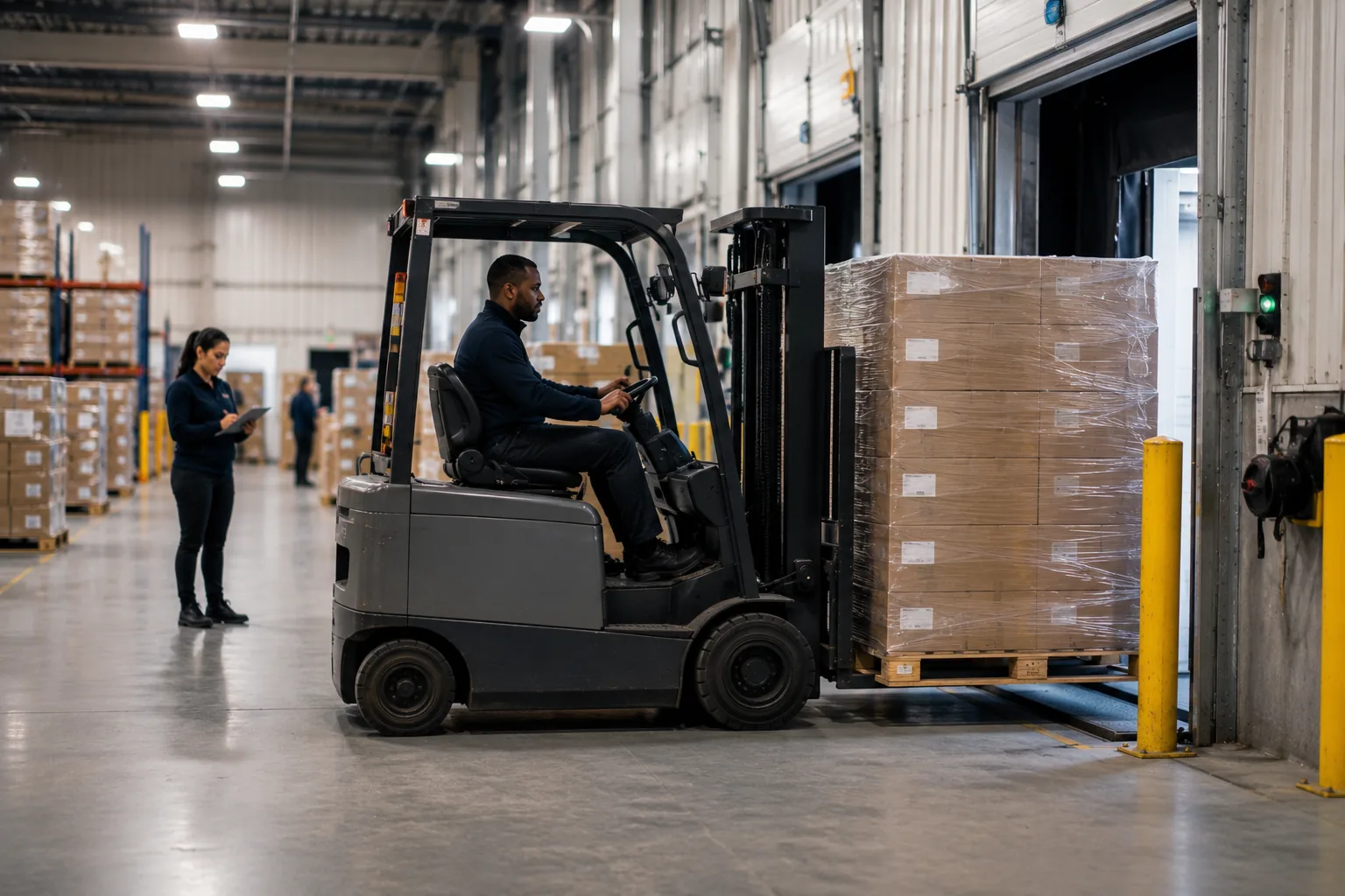 Forklift moving palletized inventory at an Argo receiving dock