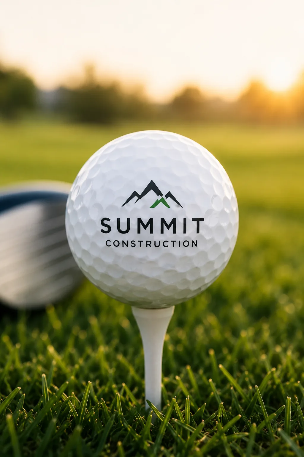 Golf ball with a custom-printed brand logo on the tee at sunset