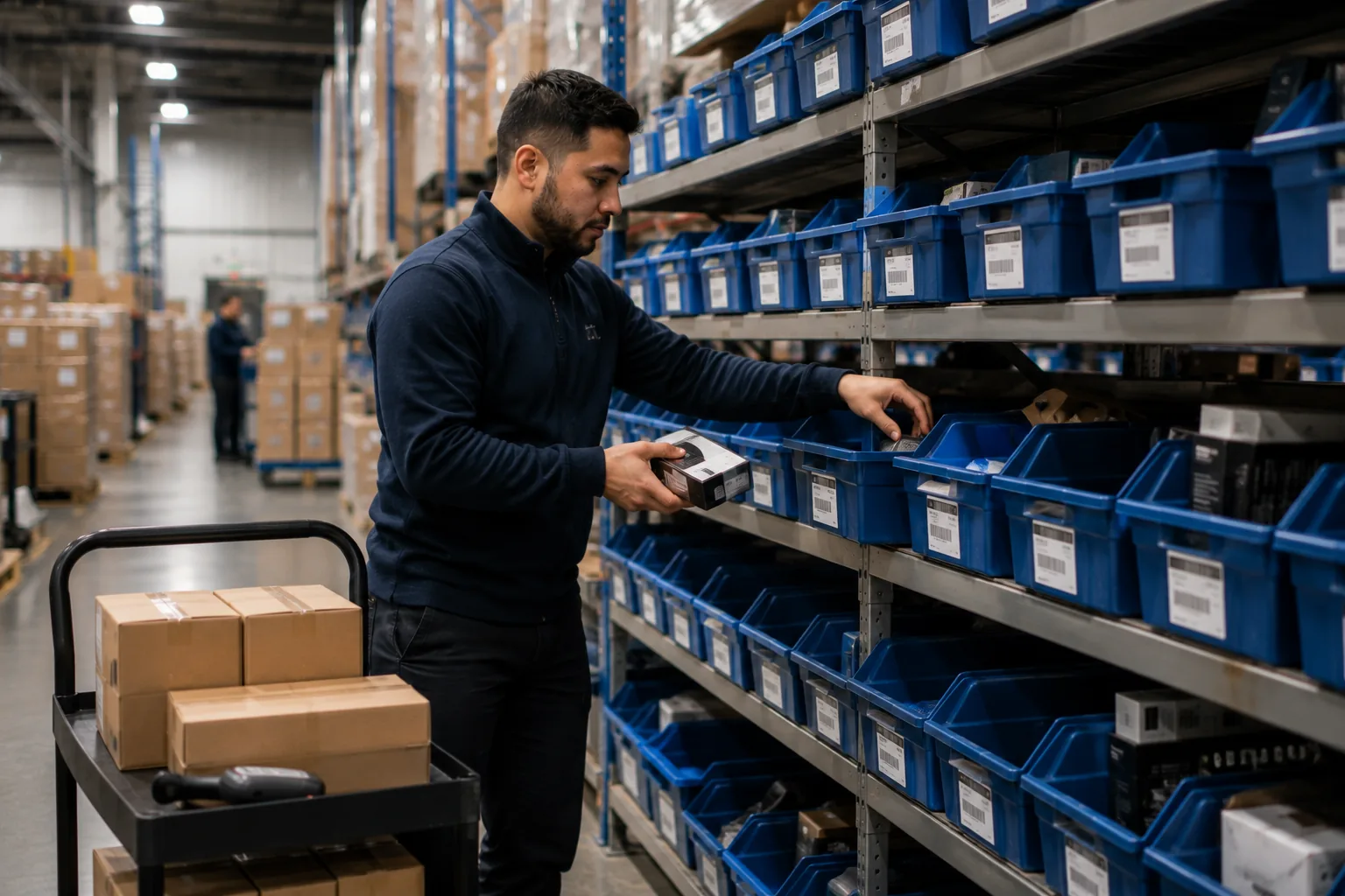 Argo team member scanning bin locations along stocked inventory shelving