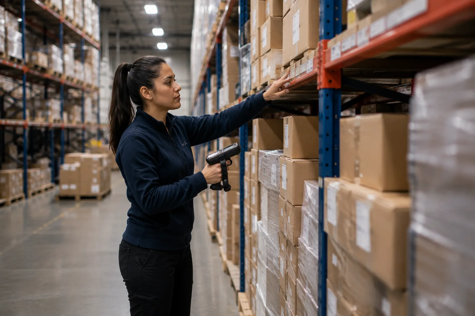Argo team member scanning stock in a racked inventory aisle