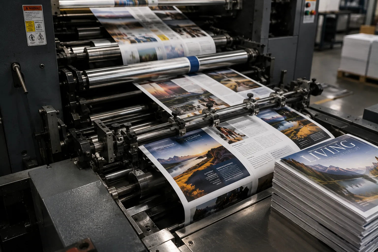 Full-color magazine spreads running on the web press