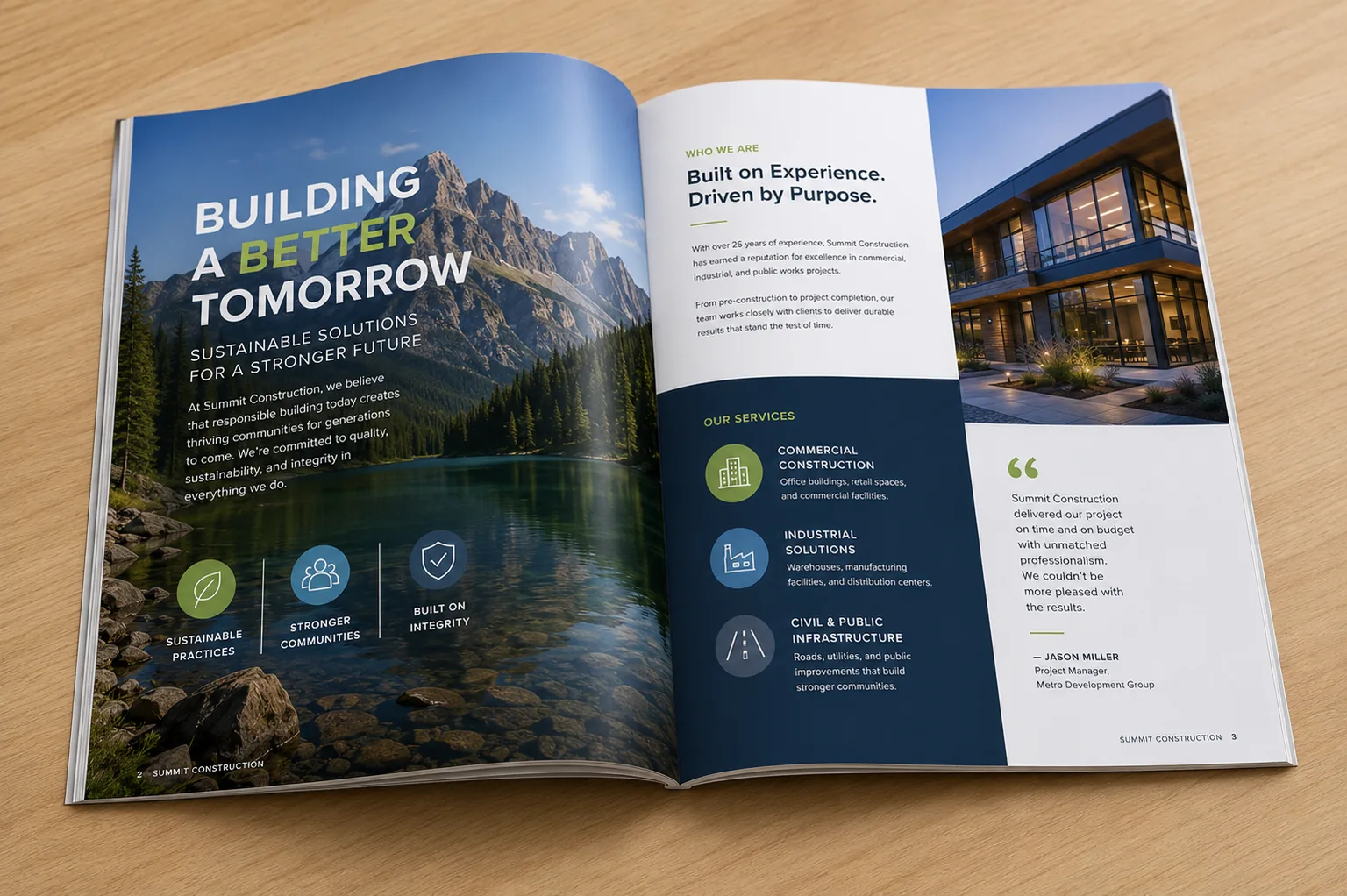 Open brochure showing a full-color printed magazine spread