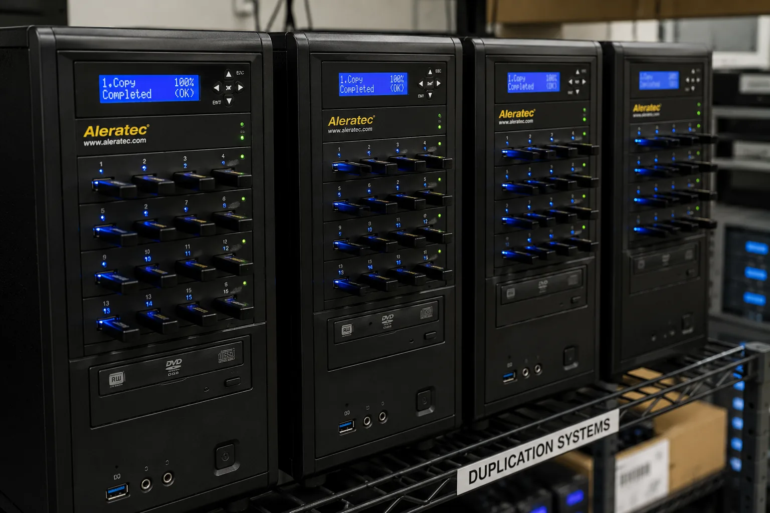 Rack of duplication systems in the Argo media production facility