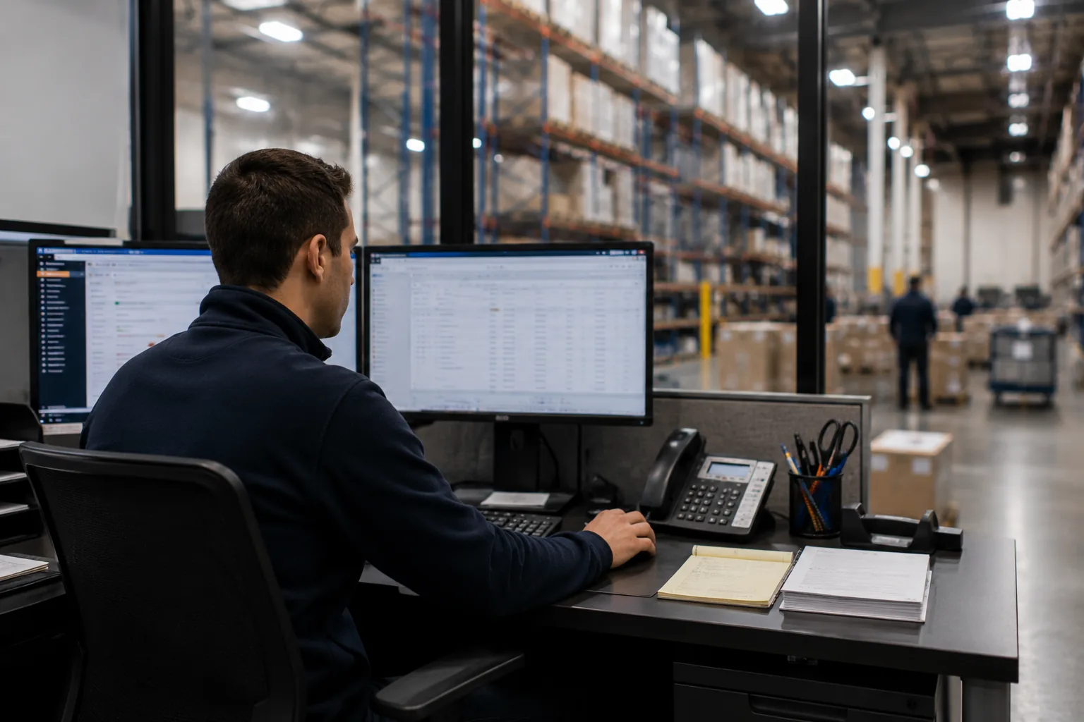 Argo team member reviewing shipping rates at a warehouse order desk