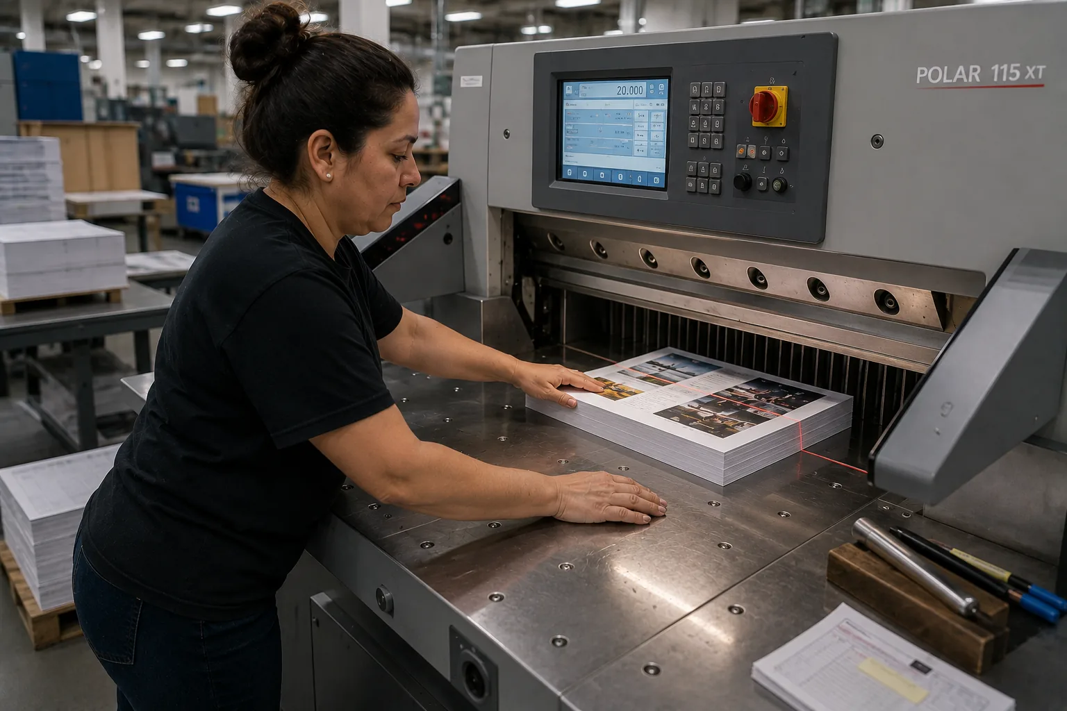 Operator trimming a printed job on the programmable guillotine cutter