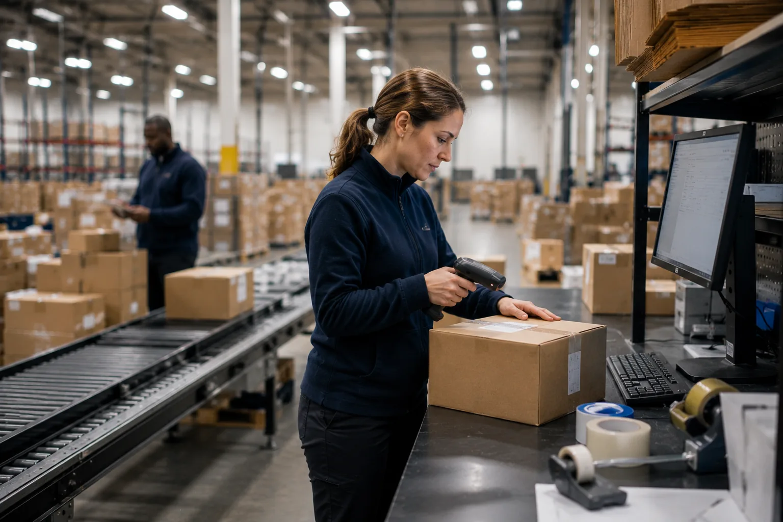 Argo team member scanning an item at a pick and pack station