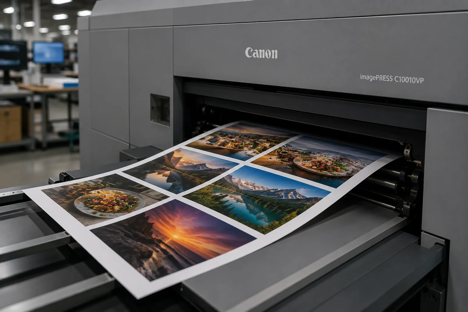 Full-color printed pieces coming off a digital press