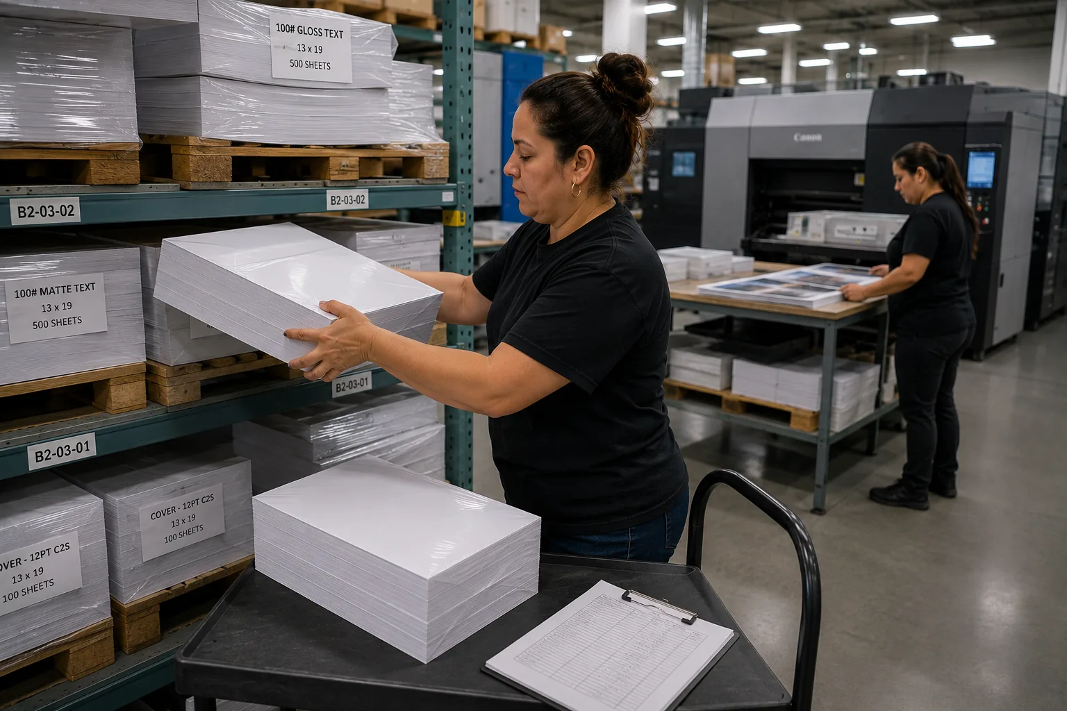 Paper stock samples being compared at an Argo print facility