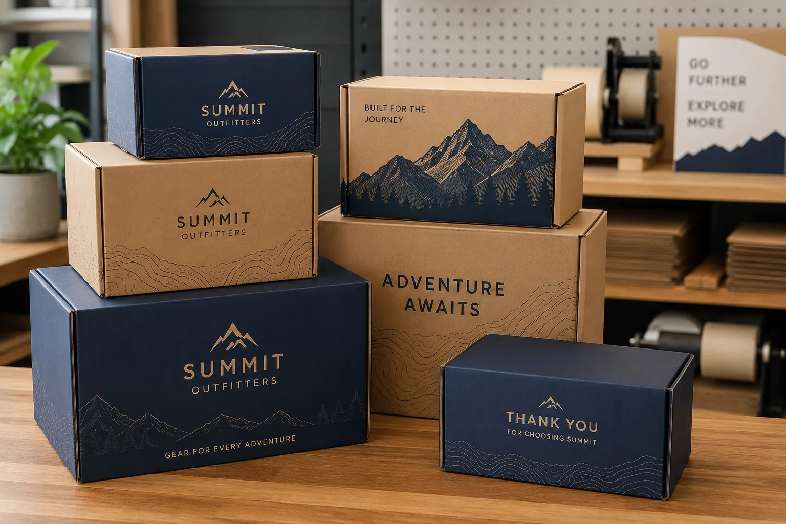 Stack of fully printed branded shipping boxes ready for mailing