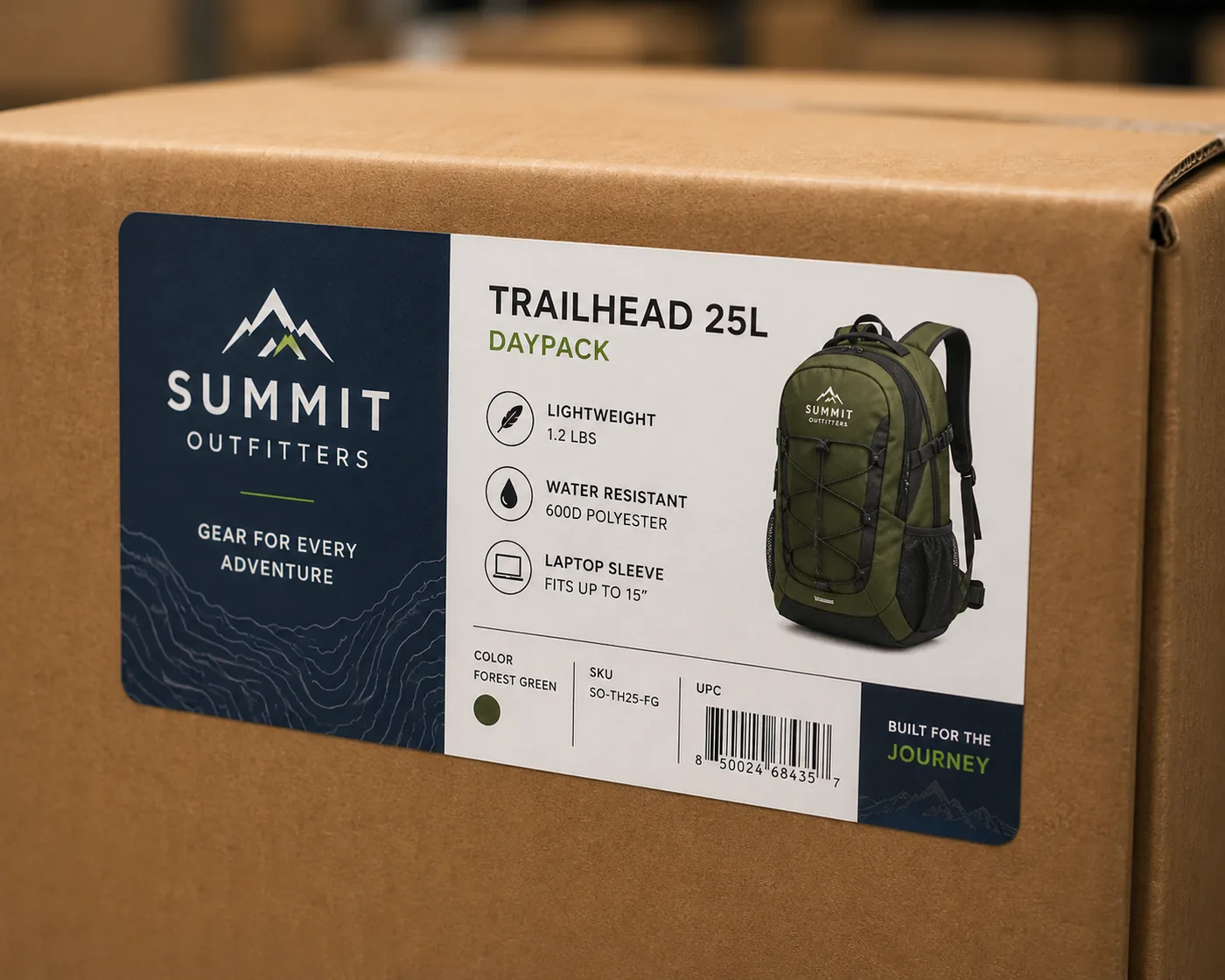 Full-color printed product label applied to a kraft shipping box