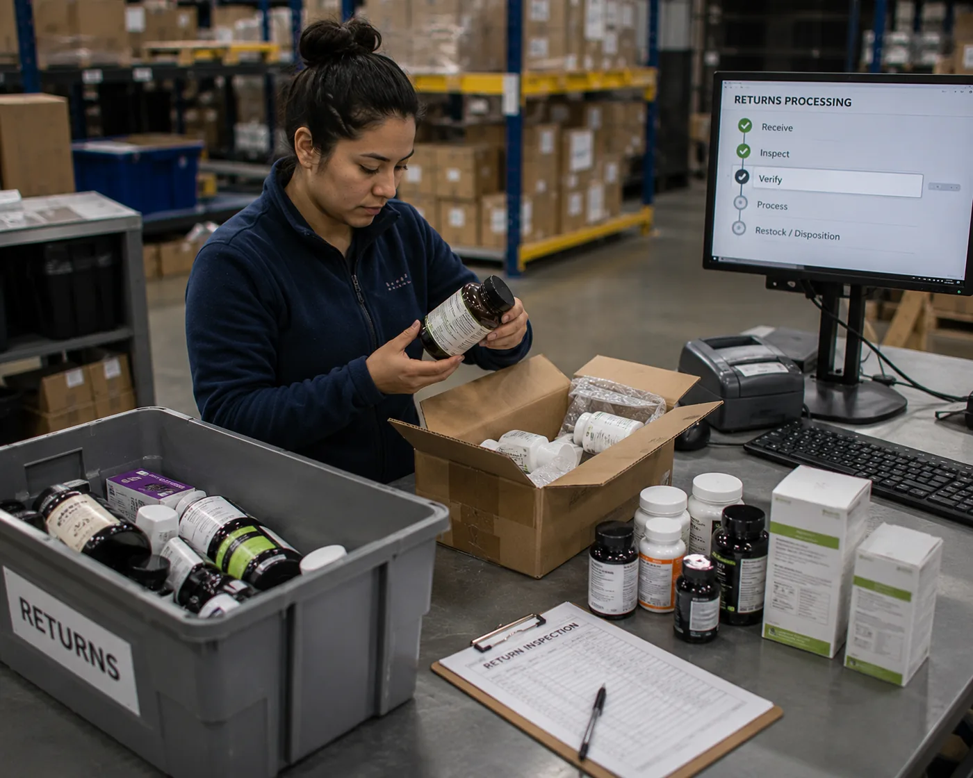Argo team member inspecting returned product at a returns processing station