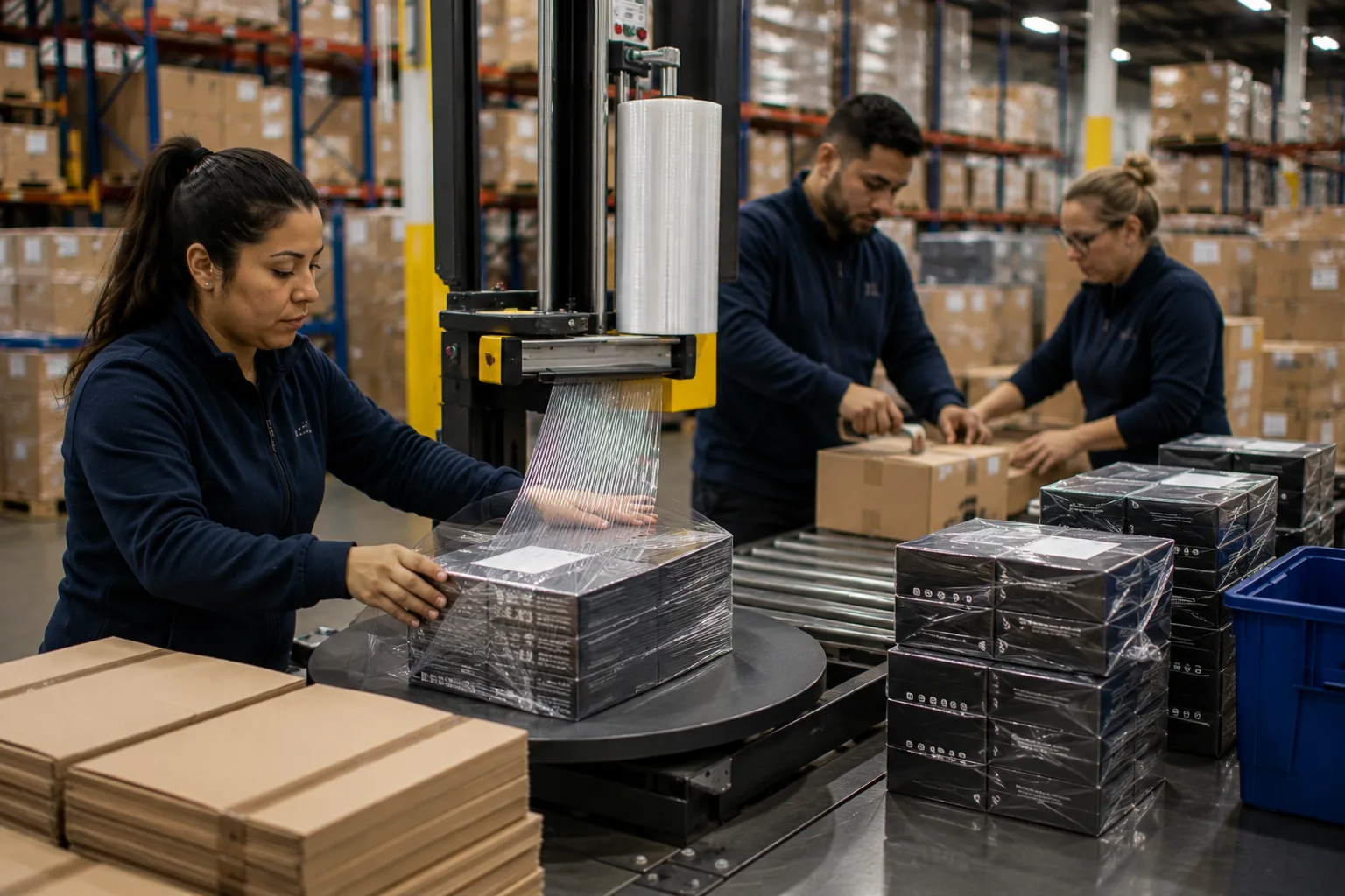 Argo team shrink-wrapping and preparing printed cartons for shipment