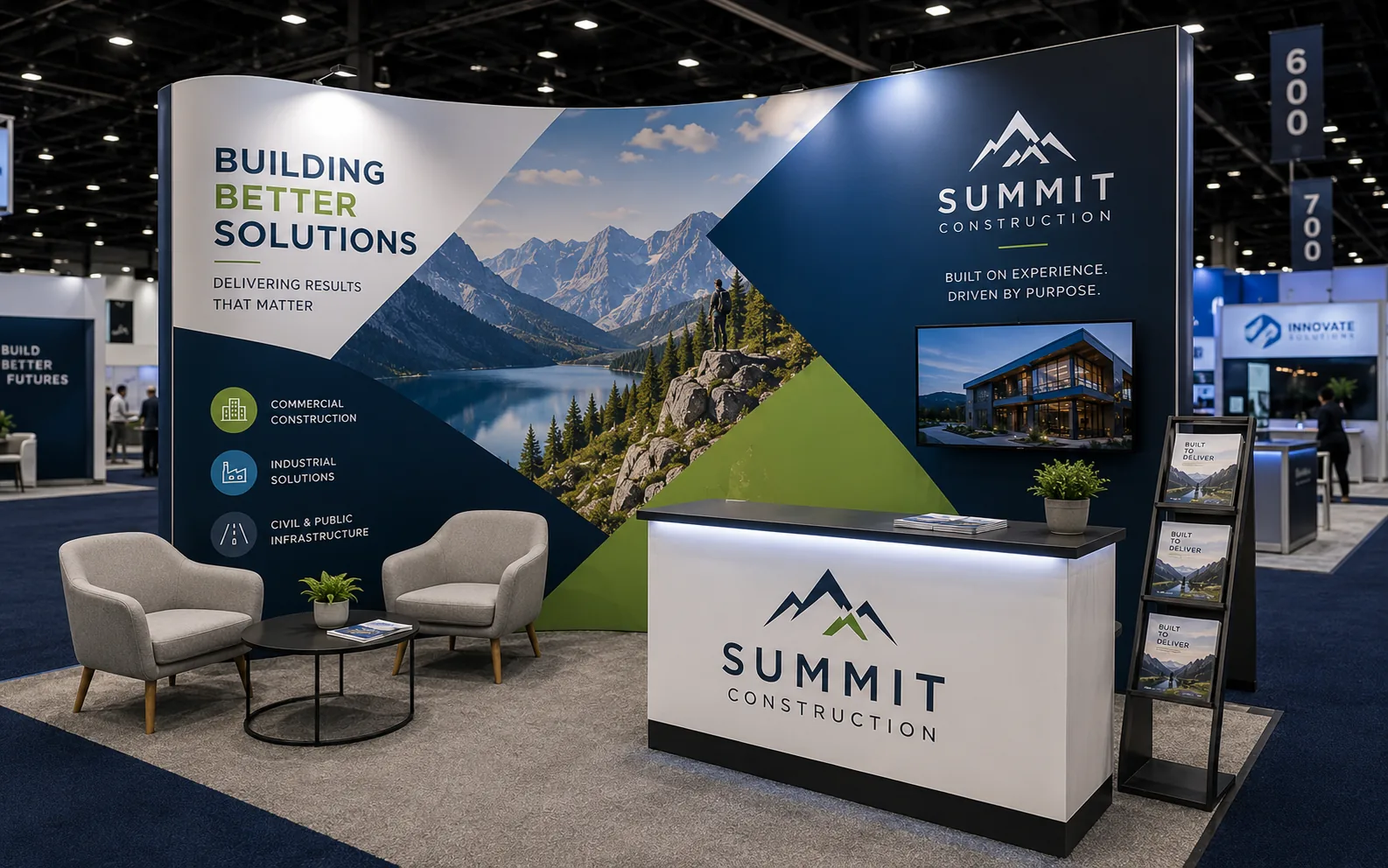 Full trade-show booth with printed backdrop, counter, and literature stands