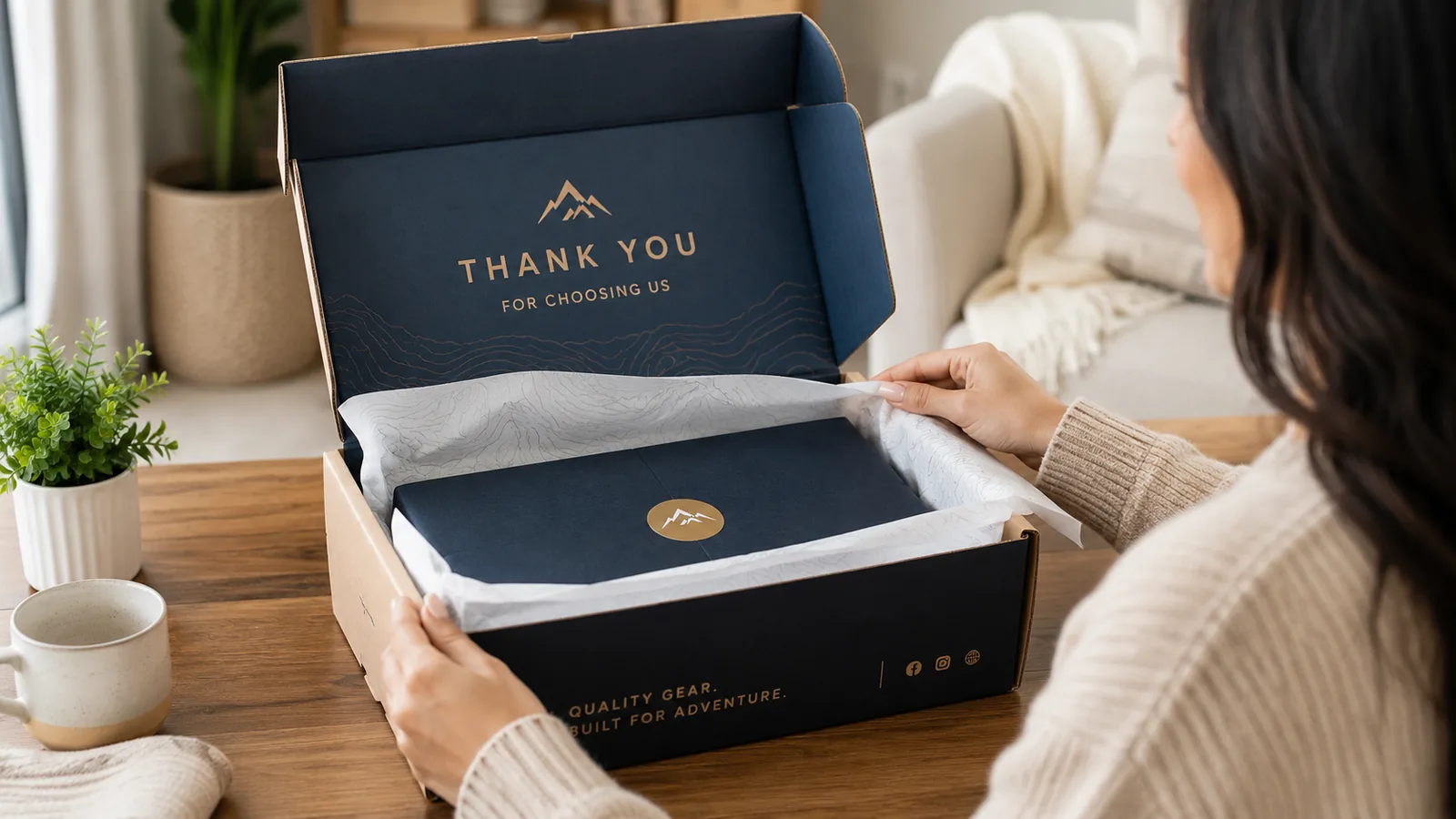 Customer opening a branded mailer box with a printed thank-you message and tissue