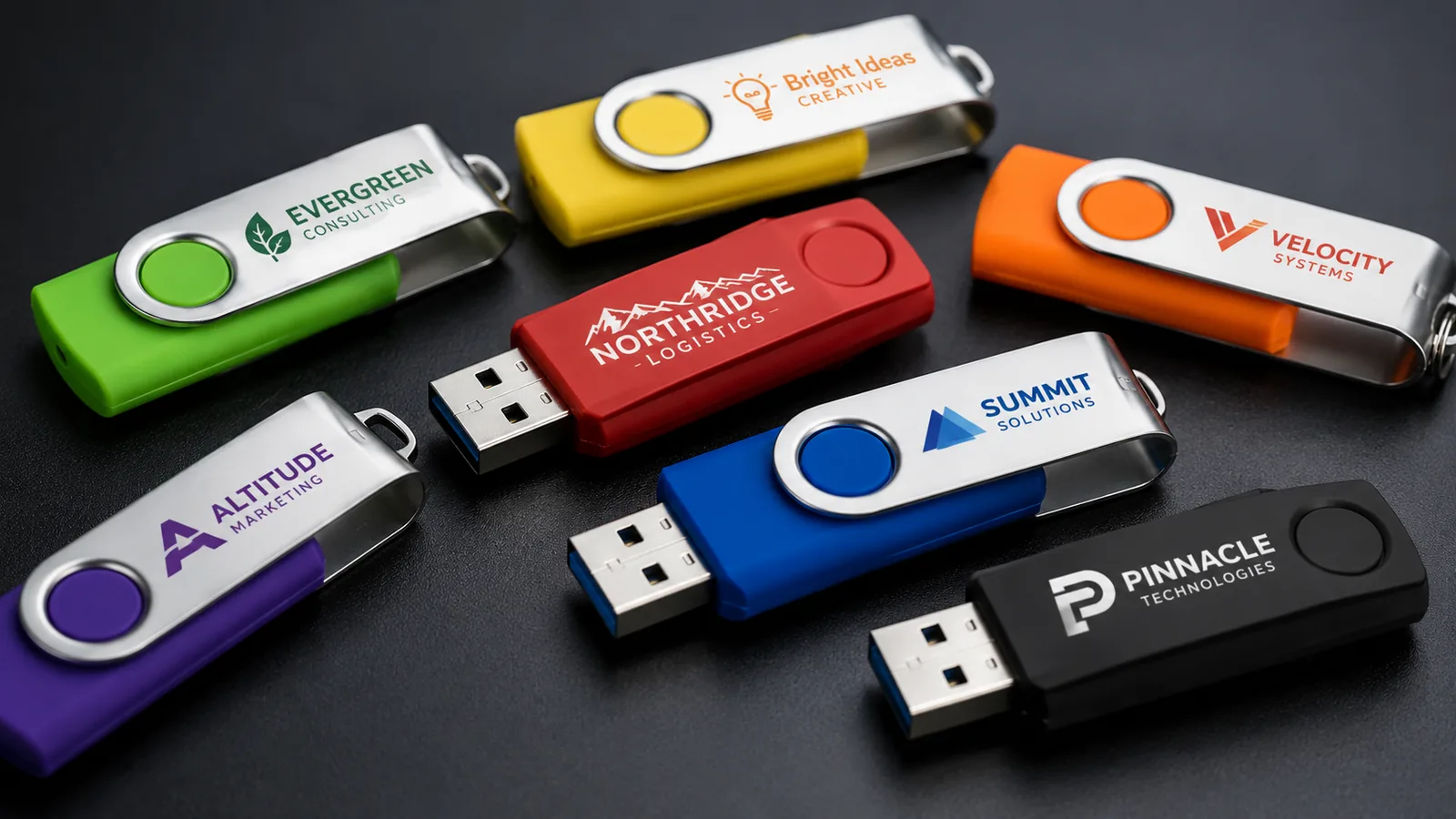 Custom-branded swivel USB flash drives in assorted colors