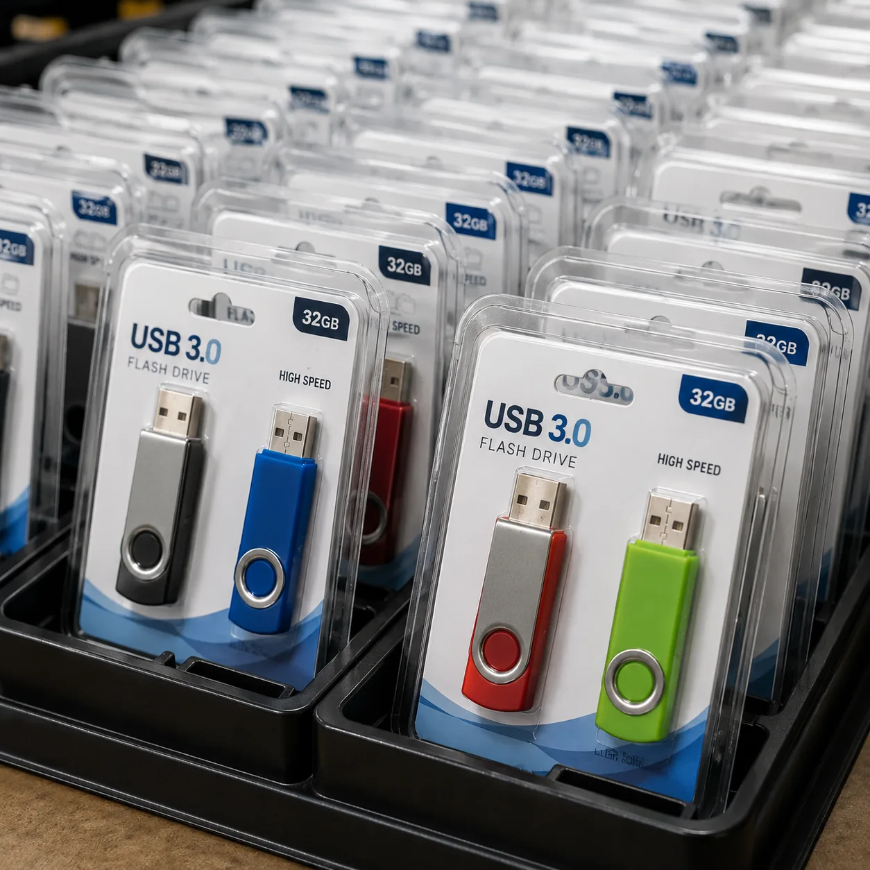 Finished USB drives packaged in clear retail clamshell cases