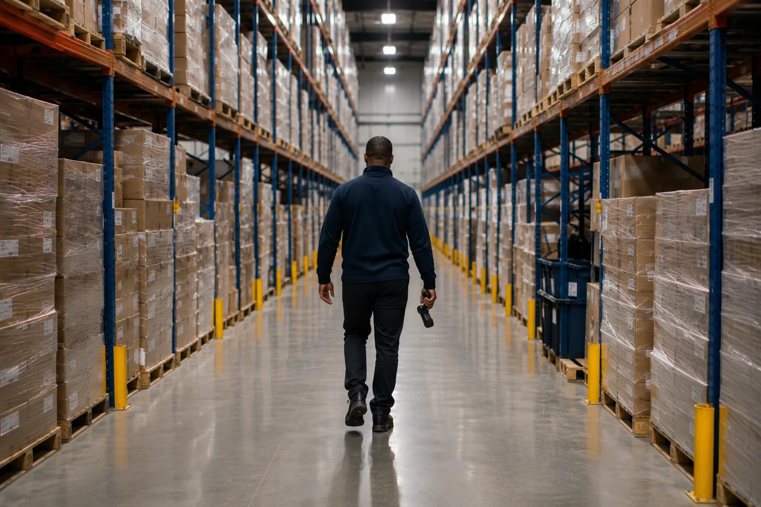 Argo team member walking a stocked fulfillment aisle, scanner in hand