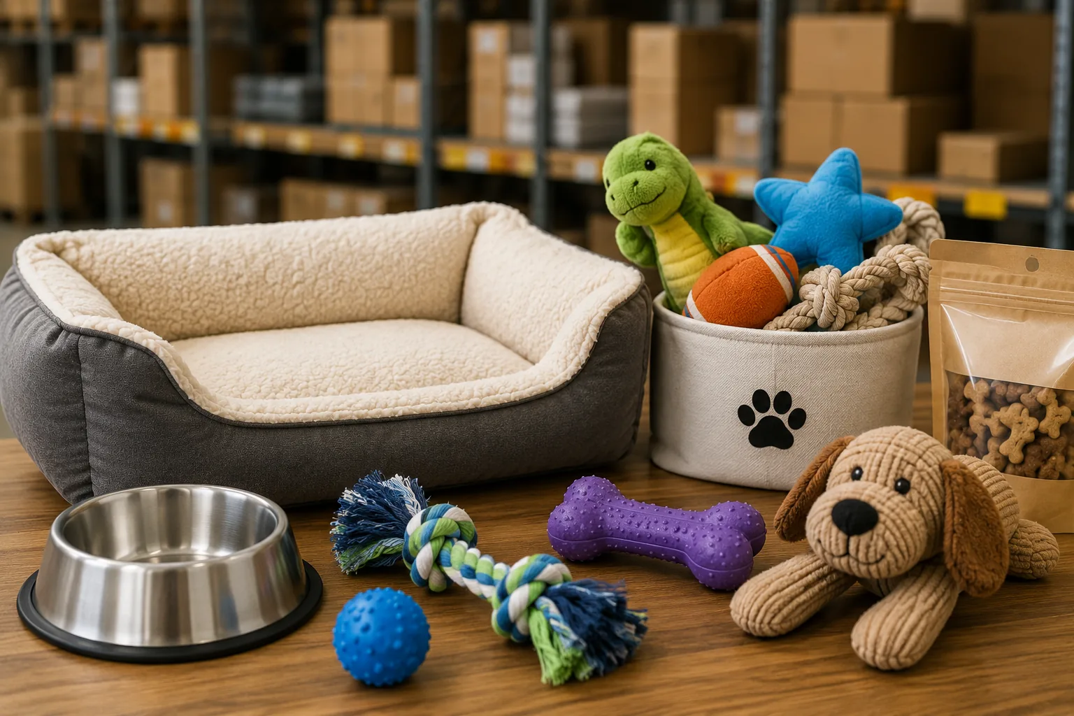 Pet products on warehouse shelves