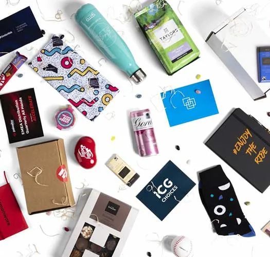 Assorted promotional items printed with company branding